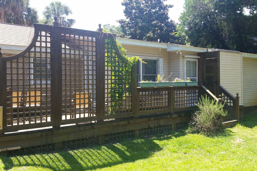 Back yard. Which is fenced in.