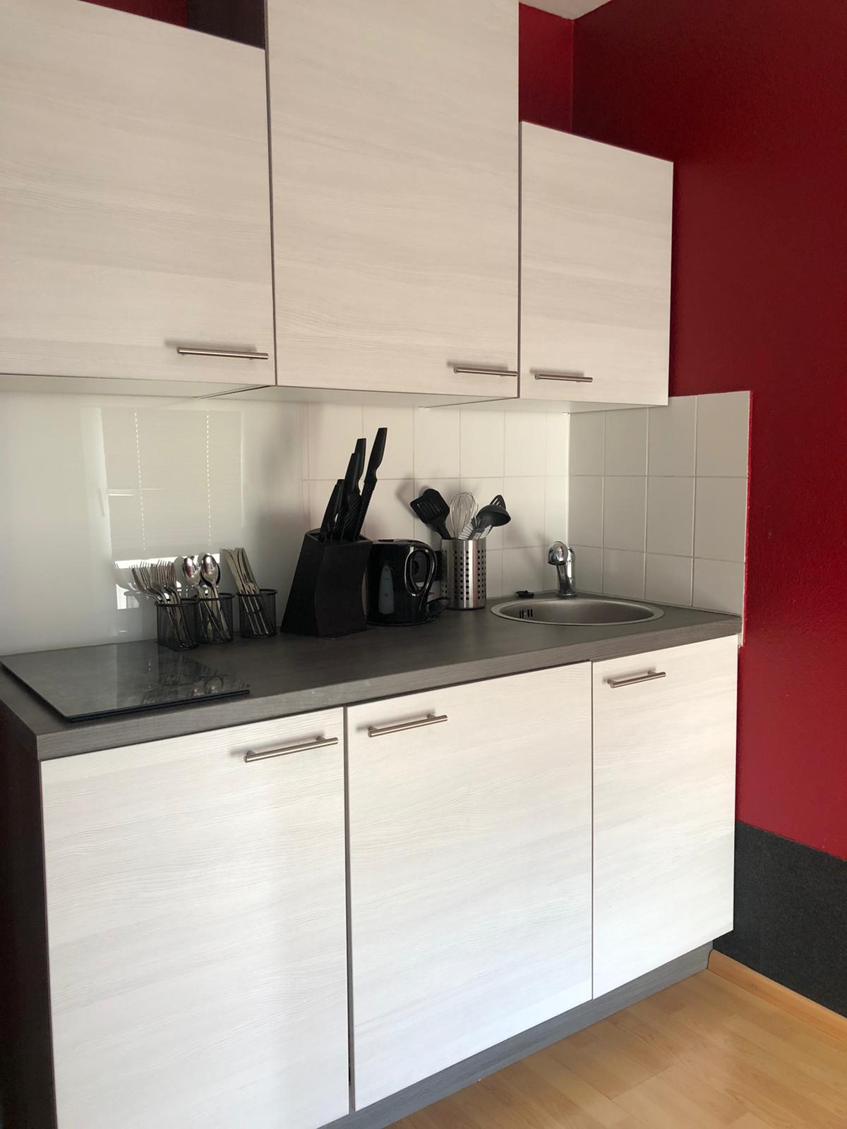 The kitchenette features modern cabinetry with a contrasting dark countertop. Kitchen utensils, including knives and measuring tools, are organized neatly in a rack. A small sink is included, alongside a kettle and coffee maker. The walls are accented with a bold red hue.