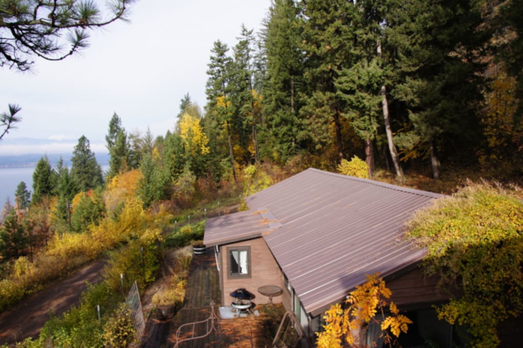 Looking down on the Guest House with lake to left