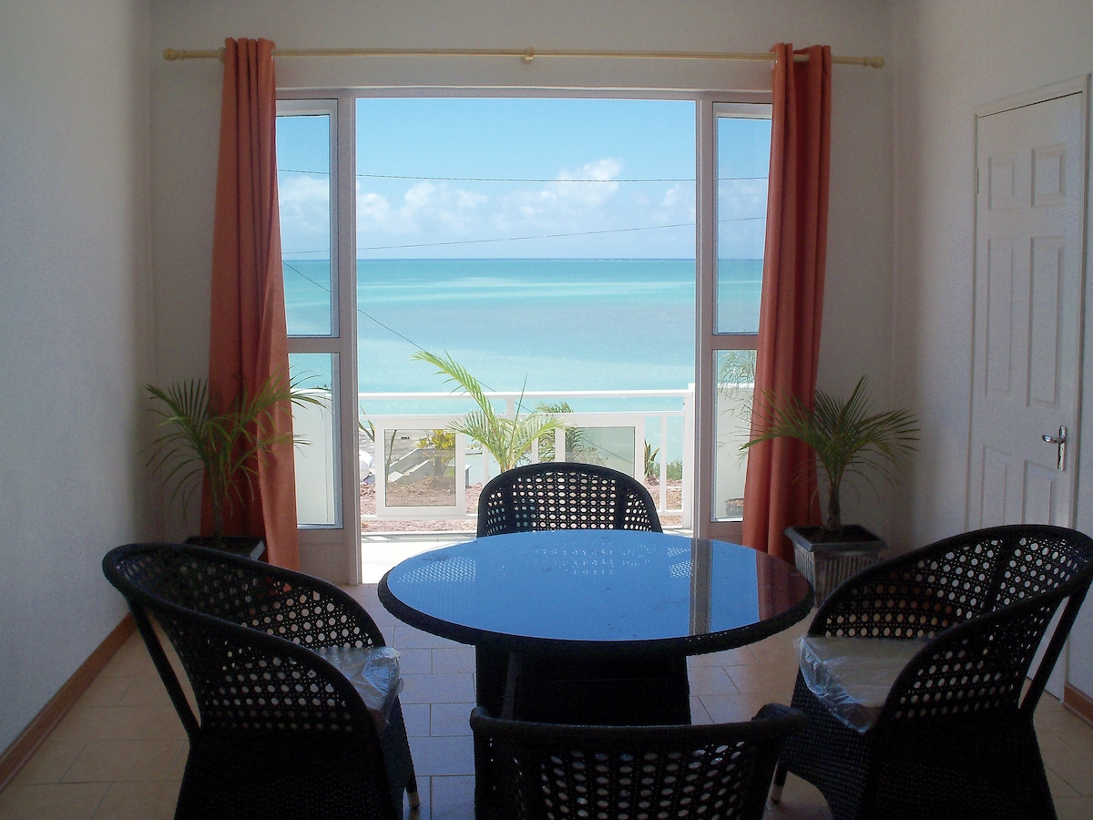 A seating area features a round black table surrounded by four chairs. Large windows frame a panoramic view of the ocean, enhancing the sense of openness. Soft curtains in a warm tone complement the space, and potted plants add a touch of greenery.