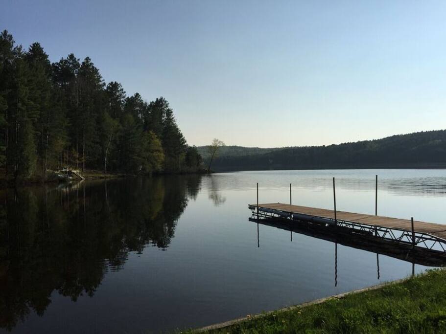 Private beach with dock.