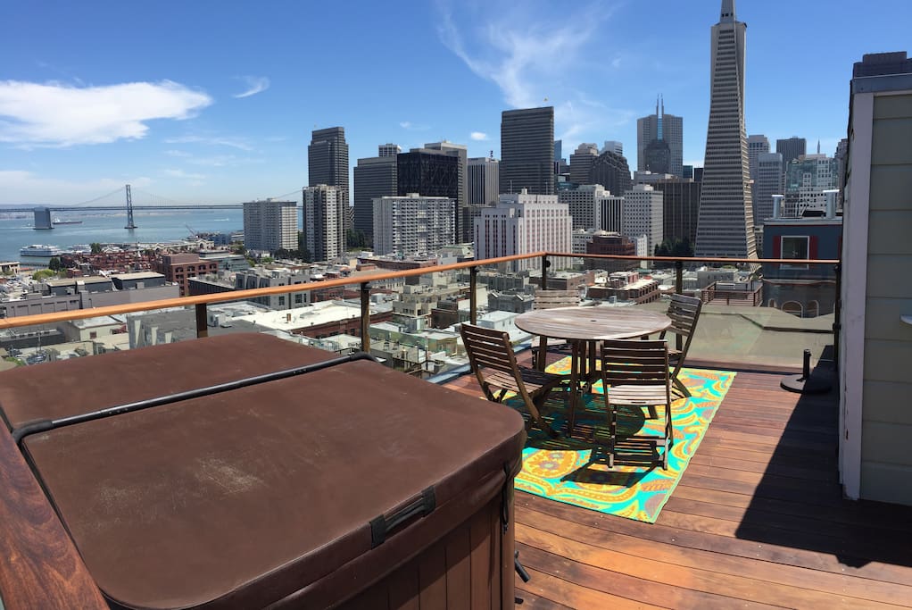 Roof top deck with hot tub.