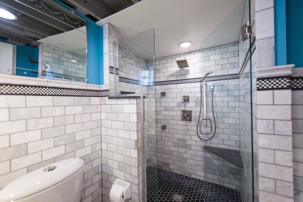 Bath has heated floors, and a tankless hot water heater so you will always have plenty of hot water in our amazing marble shower.....