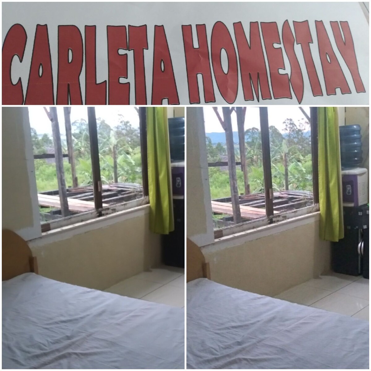 A simple bedroom is shown with a light-colored bedspread and a wooden bed frame. Large windows allow natural light to fill the space, framing a view of greenery outside. A small cooler is positioned nearby, providing additional convenience.