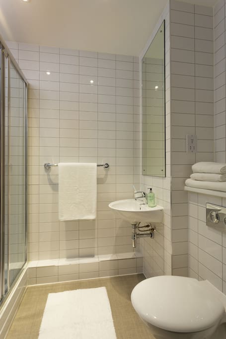 Bathroom with shower, toilet, and sink (towels included)