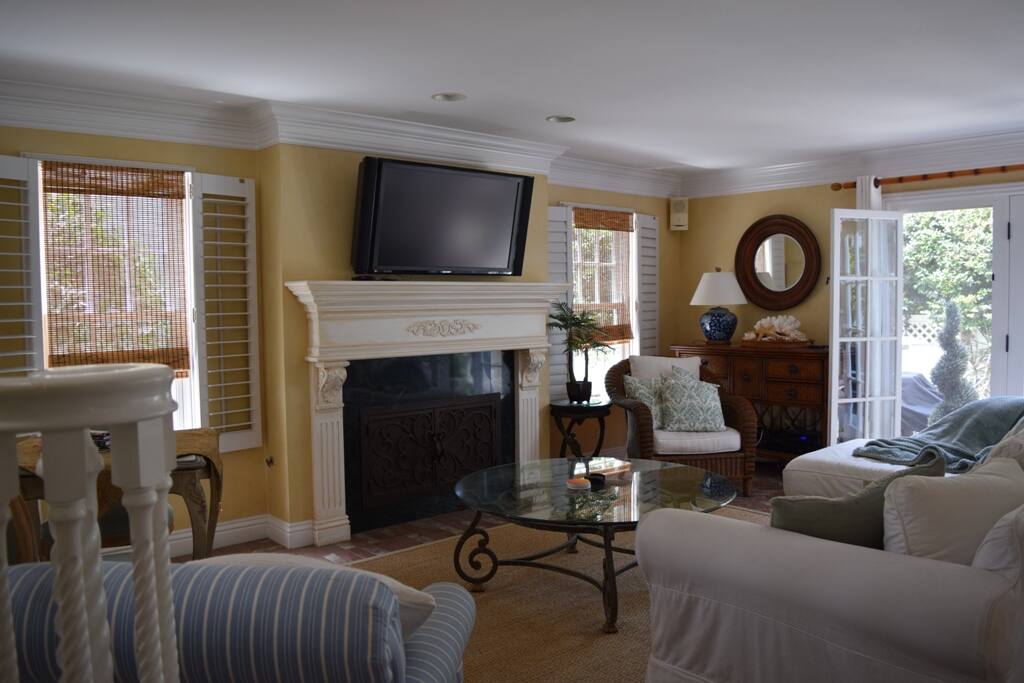 Large open living area with fireplace
