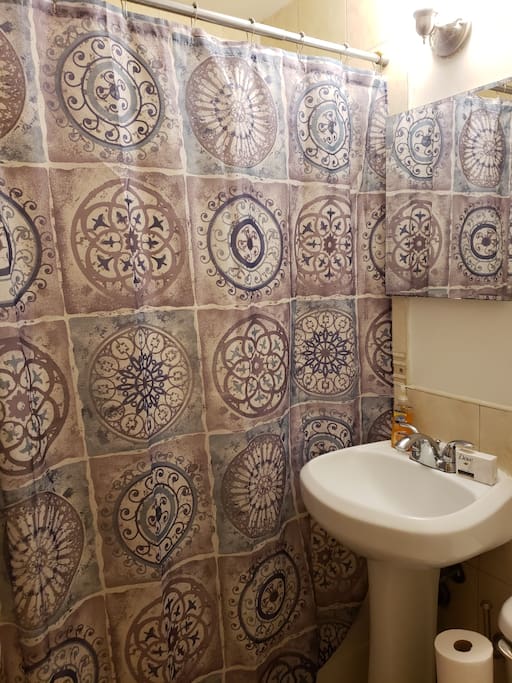 New shower curtains installed regularly and bathroom restocked with soaps and essentials.
