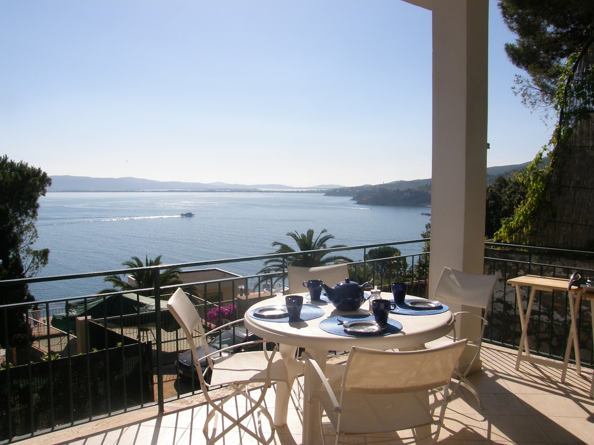 A spacious terrace features a dining table set for four, overlooking the serene coastline and water. The table is arranged with blue dishware and a teapot, surrounded by white sling chairs. Lush greenery and palm trees enhance the scenic view in the background.