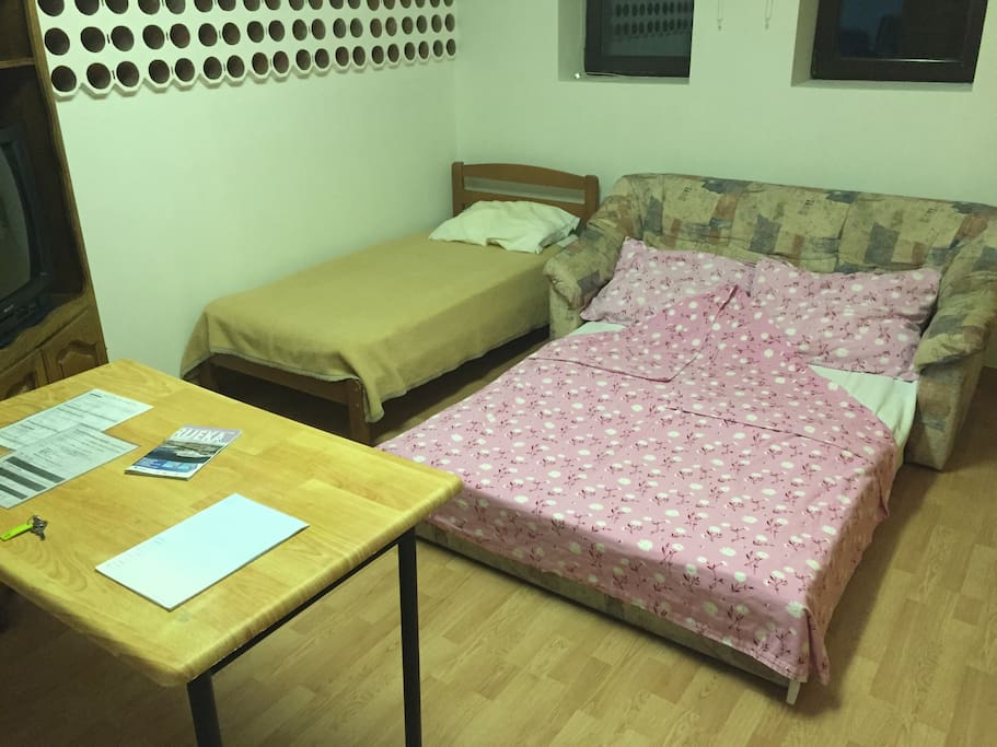 The place for three. One single bed, one pull-out sofa for two. Fast and cheap. In other room we also can have guests.