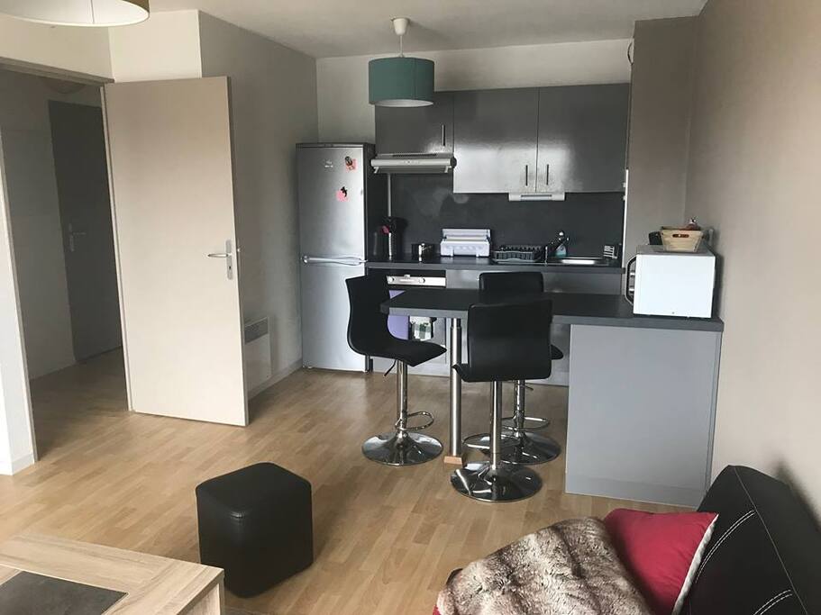 Cuisine aménagée avec frigo, four, micro-onde, bouilloire, cafetière, grille pain, plaque induction avec hôte, ustensiles, couverts.