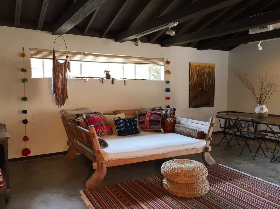 Daybed, Pom Poms, dreamcatcher and all. Living room