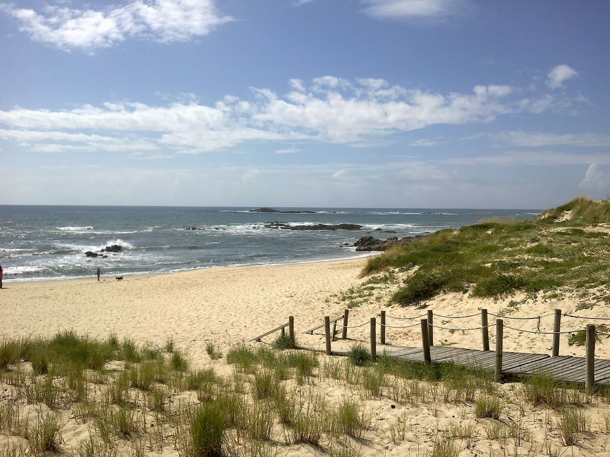 A sandy beach stretches towards the ocean, framed by gentle dunes covered with green grass. A wooden pathway leads from the foreground to the water's edge, where waves softly lap against the shore under a clear blue sky dotted with white clouds.