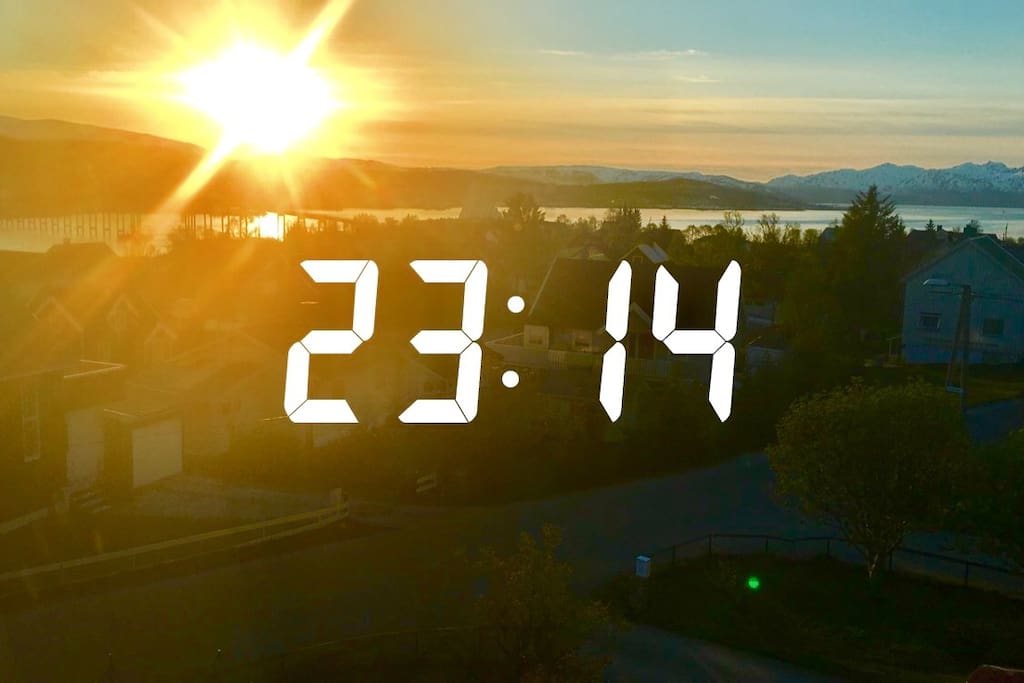 See the midnight sun from the window. Taken from the room before we went to bed 8th of june.