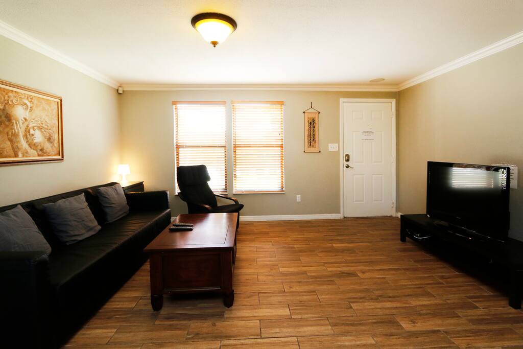 You can sit back in couch and recliners and enjoy large HD TV with over 400 cable TV channels and Chromecast to play videos of your smartphone. The couch can be converted into queen size firm bed.