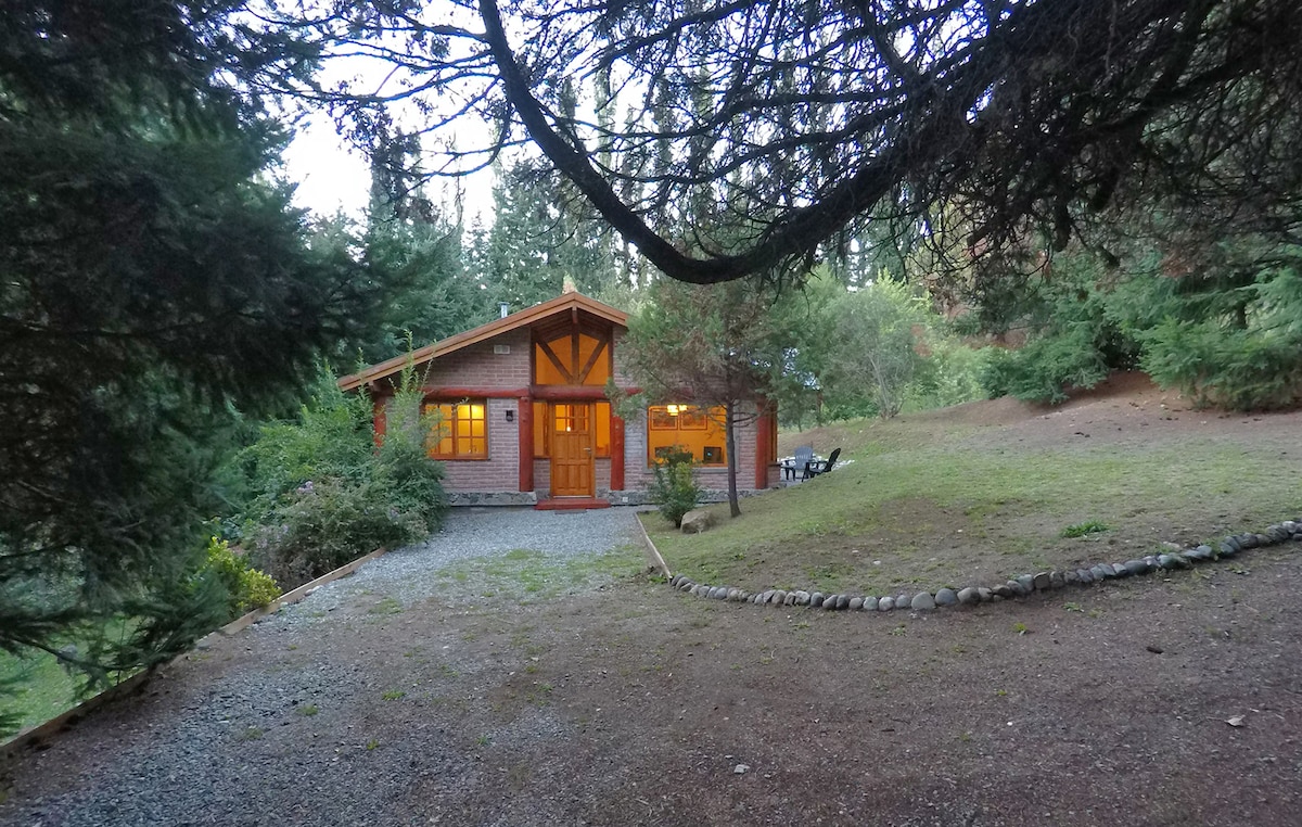 A charming cabin is framed by surrounding trees, featuring warm lights glowing from its windows. A gravel pathway leads to the entrance, while an outdoor seating area is visible beside the building, set on a grassy area with rocky edging.
