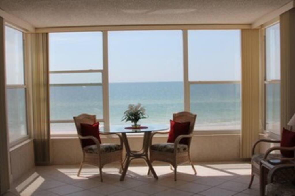This is your view from the kitchen and the living room. You are just a bit above eye level so you can feel and hear the breeze, but you don't have to sit on a balcony and sweat in it! Perfect if you have little children- no need to worry about an outdoor balcony.