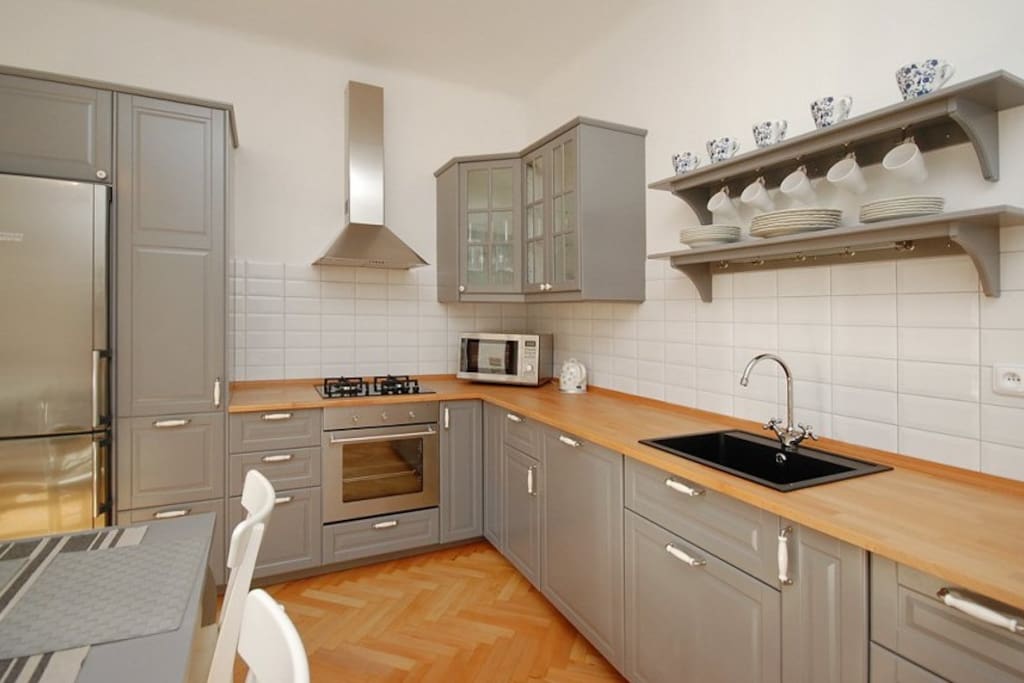 Kitchen and living room.