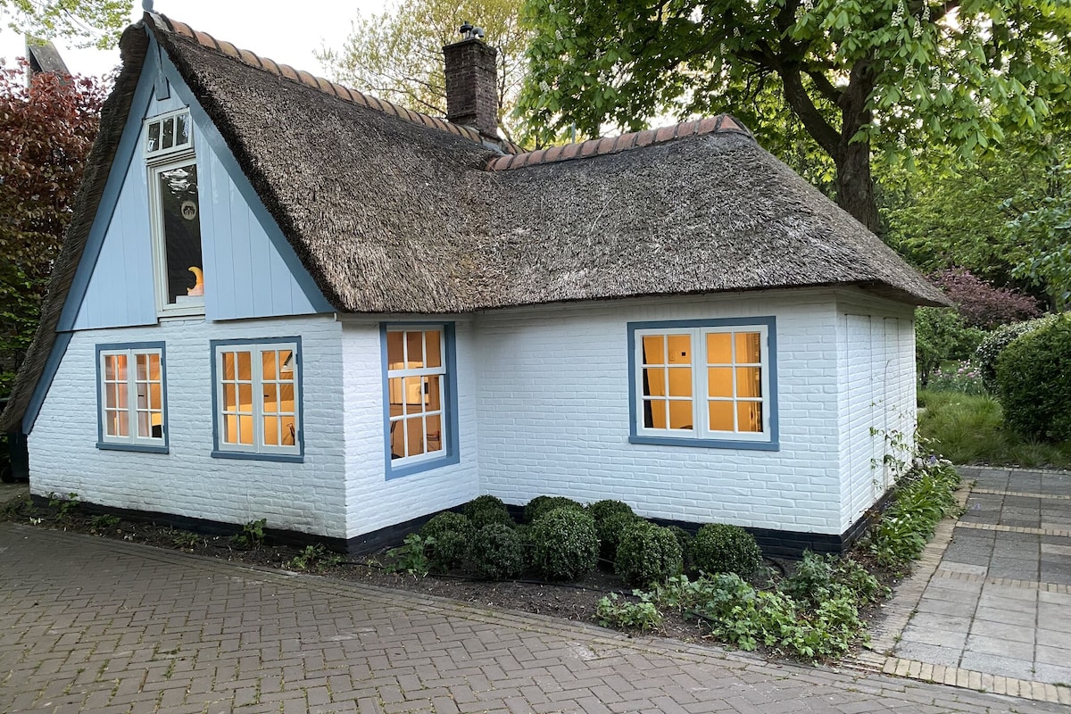 The charming farmhouse features a thatched roof and whitewashed exterior, highlighted by blue window frames. Warm light emanates from the windows, creating a welcoming effect. Surrounding greenery and a neatly paved walkway lead to the home, enhancing its tranquil, countryside appeal.