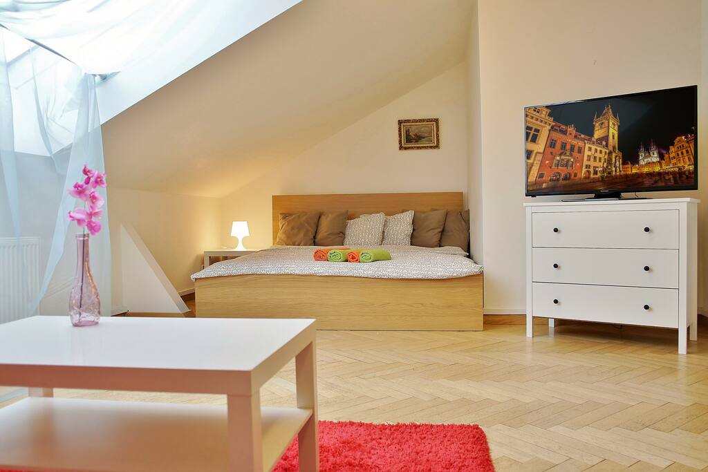 Living room with comfortable king size bed