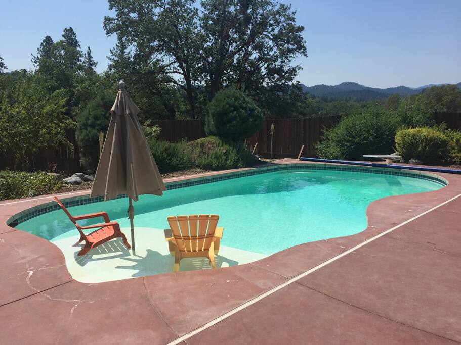 Private pool with wading deck continuing to 10 feet. Bring your own pool towels and life jackets for non-swimmers.
