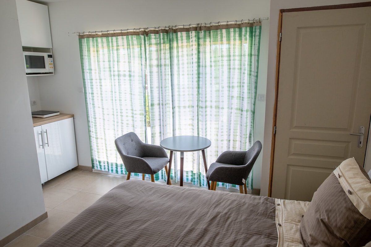 A minimalist studio is depicted, featuring a queen-size bed with neutral bedding. Two gray chairs are positioned around a small table, illuminated by natural light filtering through green and white striped curtains. A kitchenette is visible, equipped with a microwave and storage space.