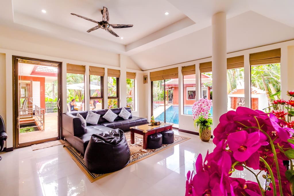 The living area overlooking the pool