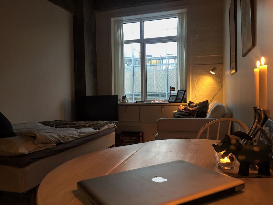 Kitchen table view of the studio.