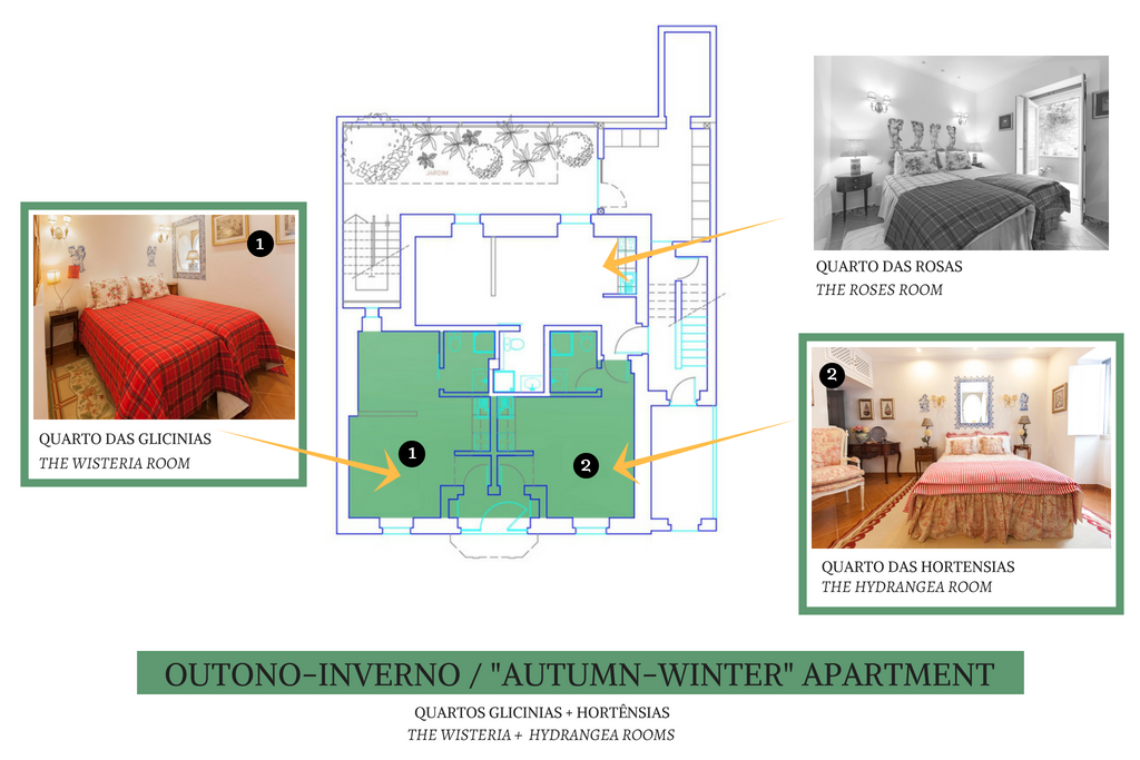 Book the Aut/Winter Apartment and get two two apartments: The Hydragenea Room (Double Bed) + The Wisteria Room (Twin bed) two apartments at a discount price.