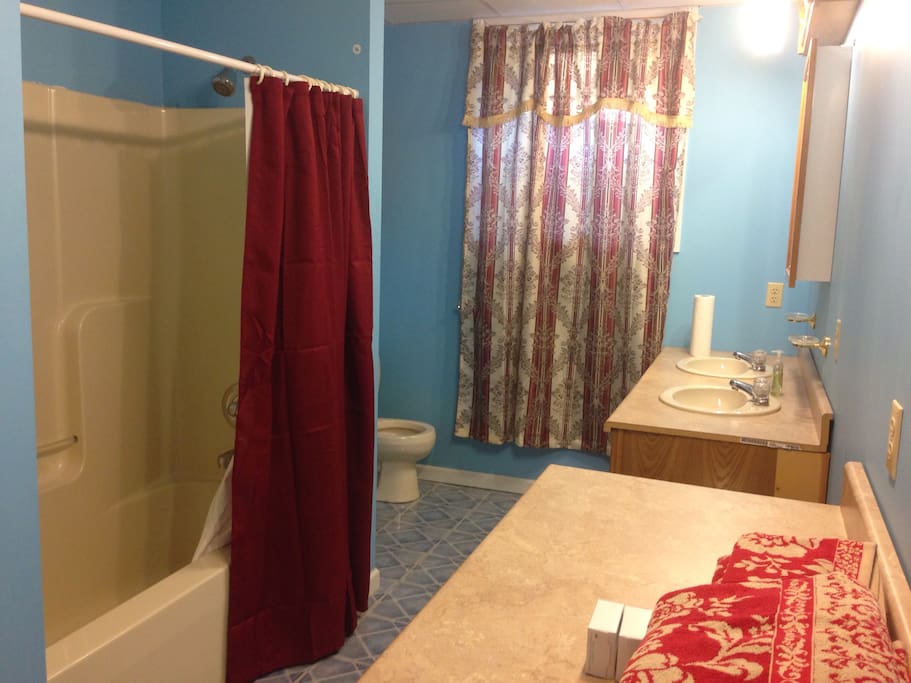 Private, clean, spacious bathroom with entrance from the bedroom and a 2nd entrance leading to wards the kitchen area. You have your own private shower, tub, commode, double sinks and extra cabinet with towels, paper towels, toilet tissue and soap included that you don't have to share with anyone else.