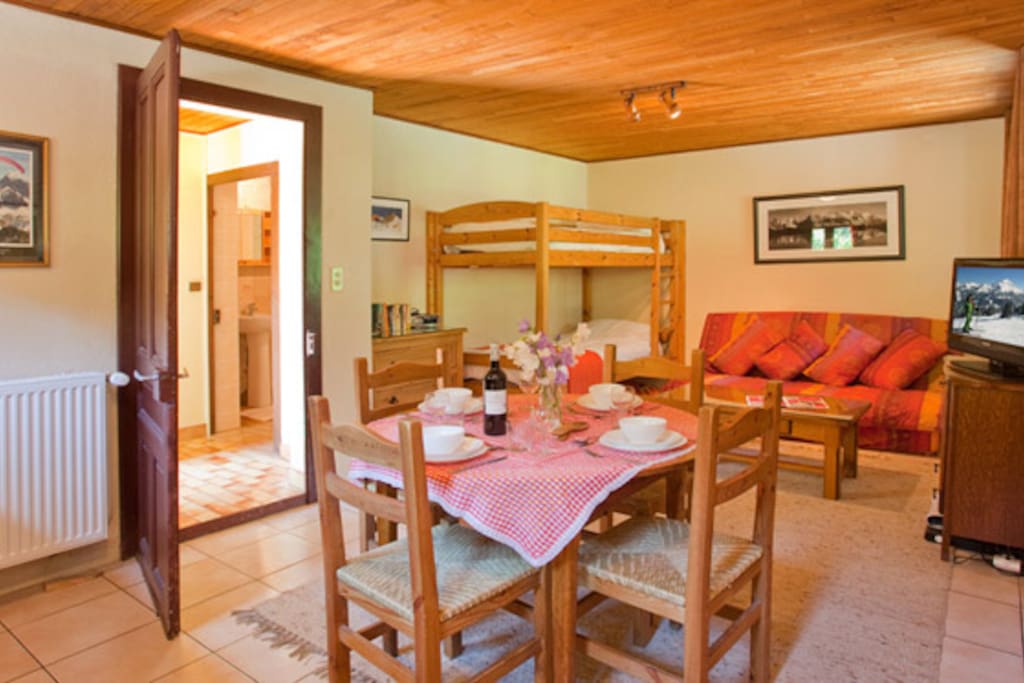 Apt Joy's large living area from the kitchen through the dining area to the sofa/TV area with bunk beds