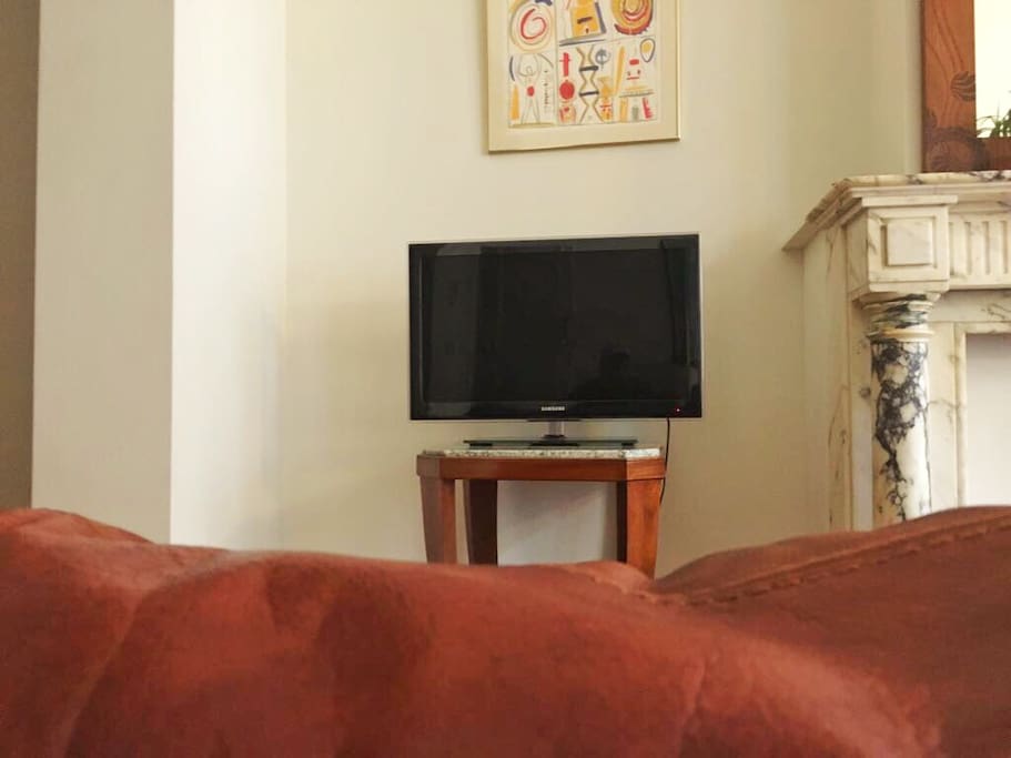 There is a cable TV in the living room and a flat-screen TV