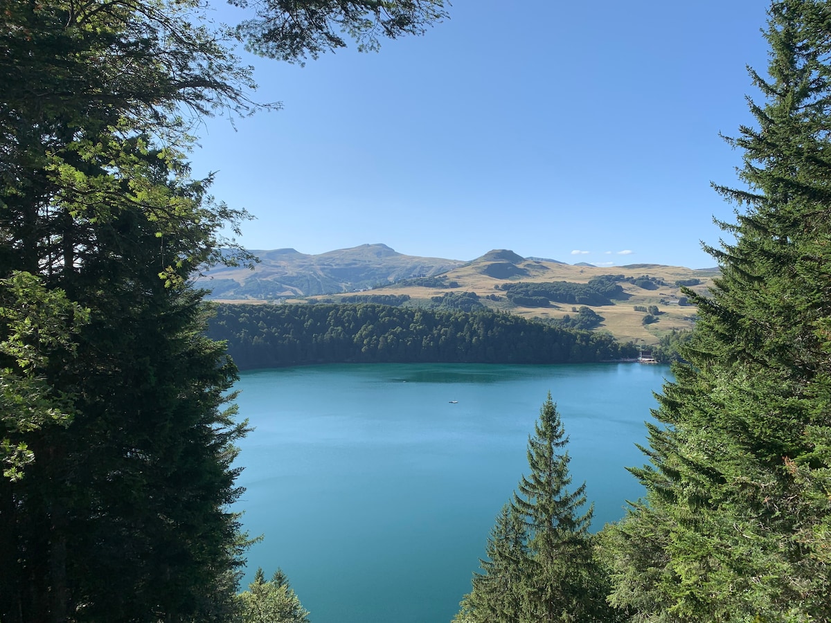 A serene lake is framed by lush greenery and towering trees. The calm water reflects the clear blue sky, with gentle hills visible in the distance. A small boat can be seen gliding across the lake, enhancing the tranquil landscape.