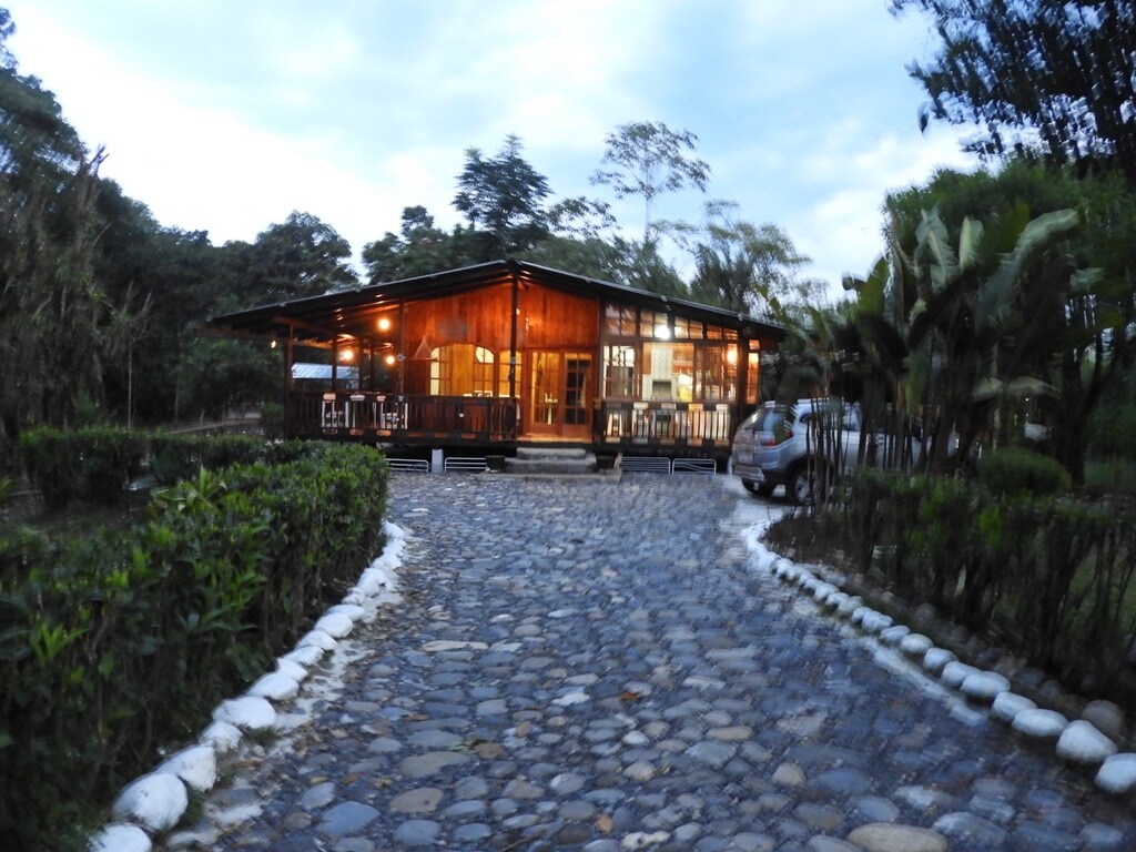 The rustic cabin is surrounded by lush greenery, showcasing wooden architecture with large windows. A stone pathway leads towards the entrance, where outdoor seating is visible on the porch. The warm glow of lights suggests a welcoming ambiance as evening approaches.