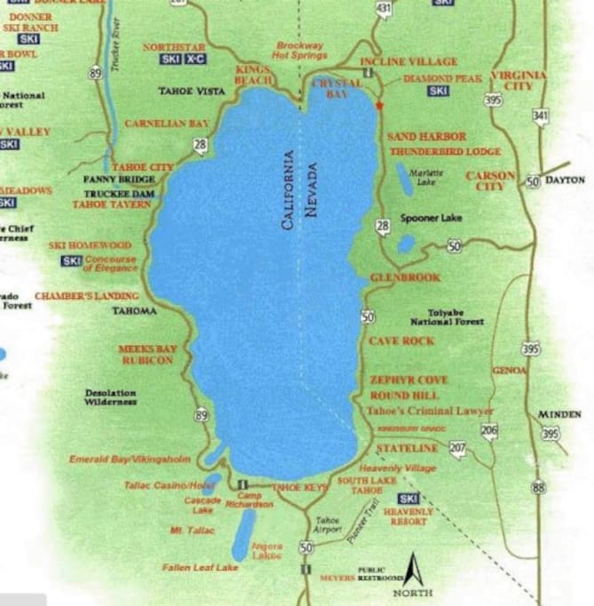 Map of Lake Tahoe and a few areas of interest