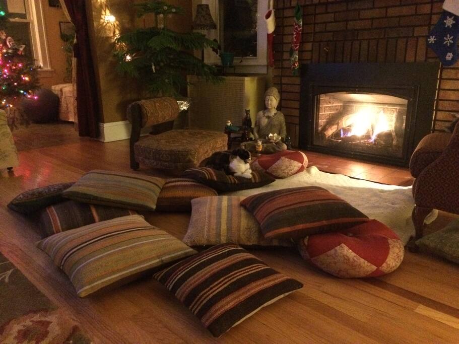 Olivia chillaxes in front of the fireplace whilst sitting upon a Turkish pillow.
