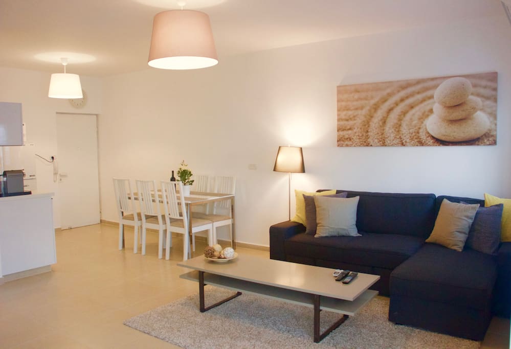 A comfy sofa in the living room that opens up into a double bed.