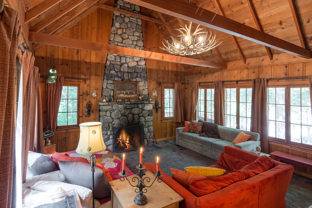 The living room features a cozy stone fireplace as the focal point, surrounded by wooden walls and exposed beams. Large windows provide ample natural light. A mix of plush seating options, including a sectional sofa and a vibrant orange armchair, invites relaxation in this rustic cabin setting.