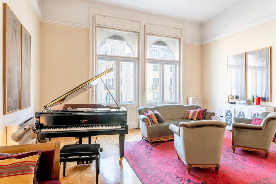 An art nouveau salon with a concert grand, Budapest, Hungary, photo 1 of 10
