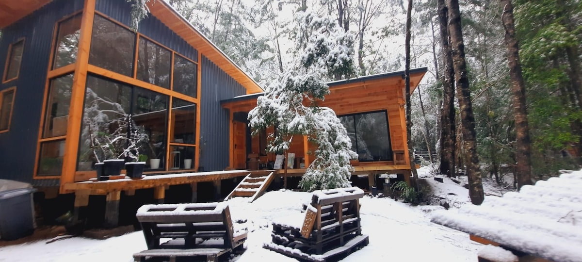 A wooden cabin surrounded by snow-covered trees is depicted. The structure features large windows, allowing natural light to enter. Outdoor seating is visible on a wooden deck, with a fire pit positioned nearby. The scene highlights the tranquil winter landscape.