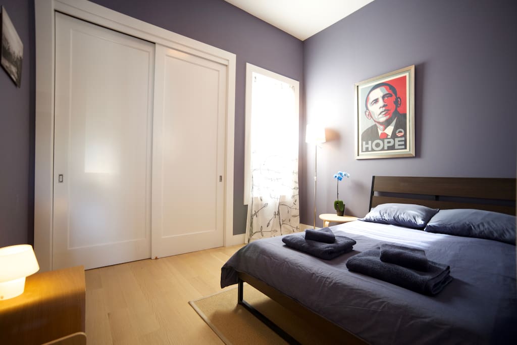Double-bed, sleeps two. Shepard Fairey signed prints. Room is smaller than it looks in this photo.