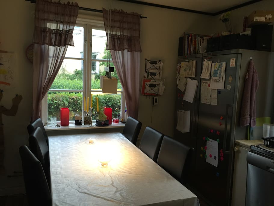 Kitchen table with six chairs.
