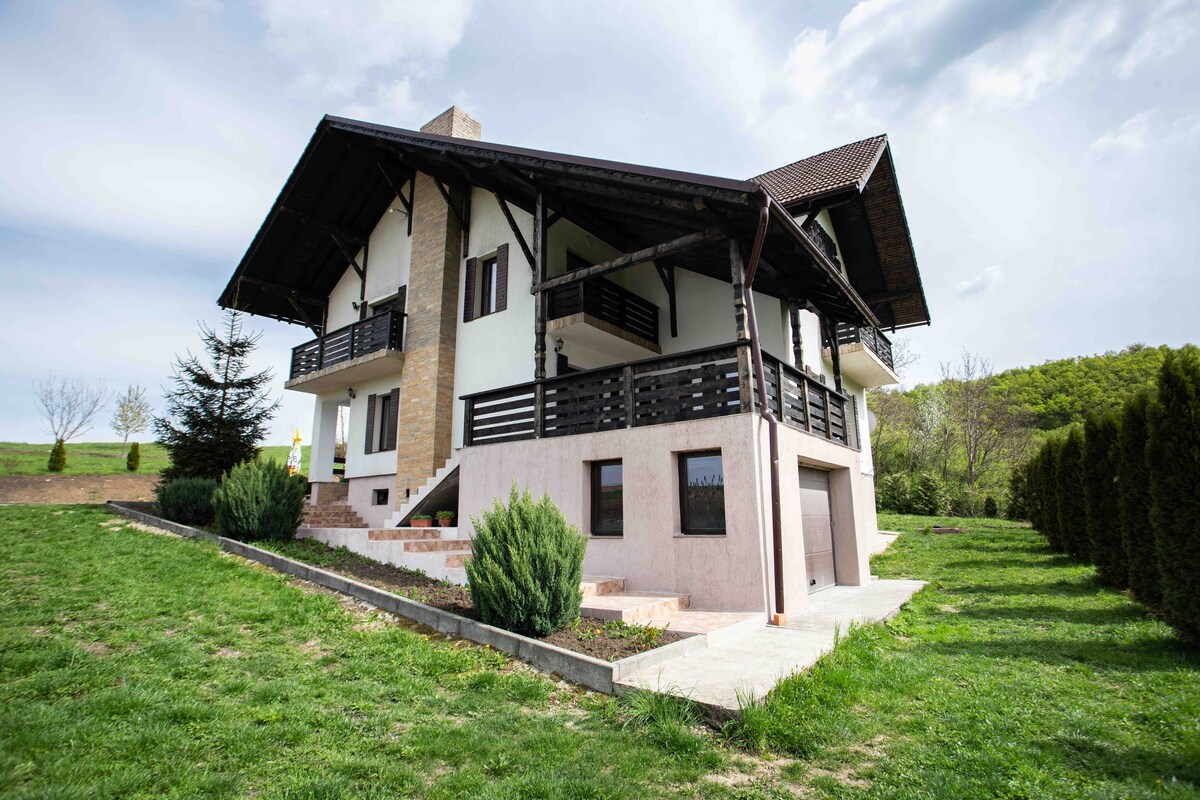 The exterior of a spacious two-story house is presented, featuring a combination of wood and stone accents. Balconies extend from the upper level, surrounded by well-maintained green landscaping and trees. The driveway is visible, leading up to a garage at the base of the house.