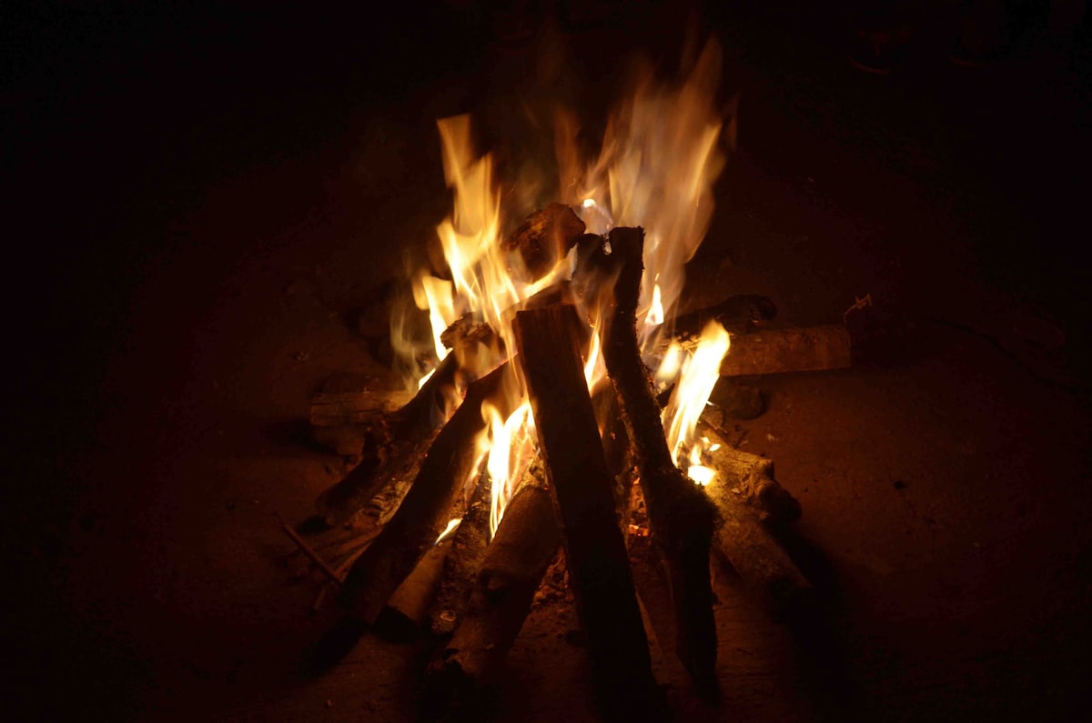 A warm campfire is situated on the ground, with logs arranged to create an inviting flame. The flickering light casts a soft glow in the surrounding darkness, providing a cozy atmosphere for gatherings.
