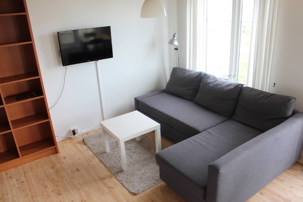 Couch/Sleeping couch as a double bed. Modern TV with Cable. HDMI cable connected.