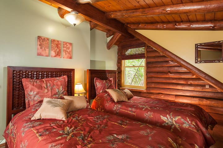 Upstairs bedroom, two twin beds, unique log room, CUTE!