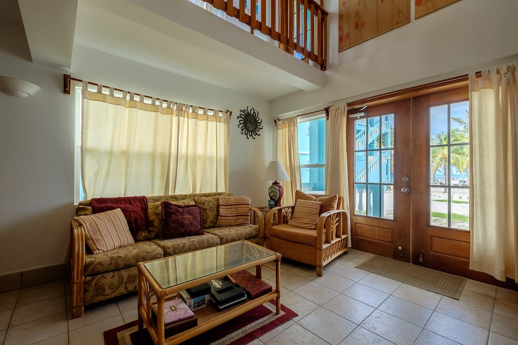 Living room with view of loft