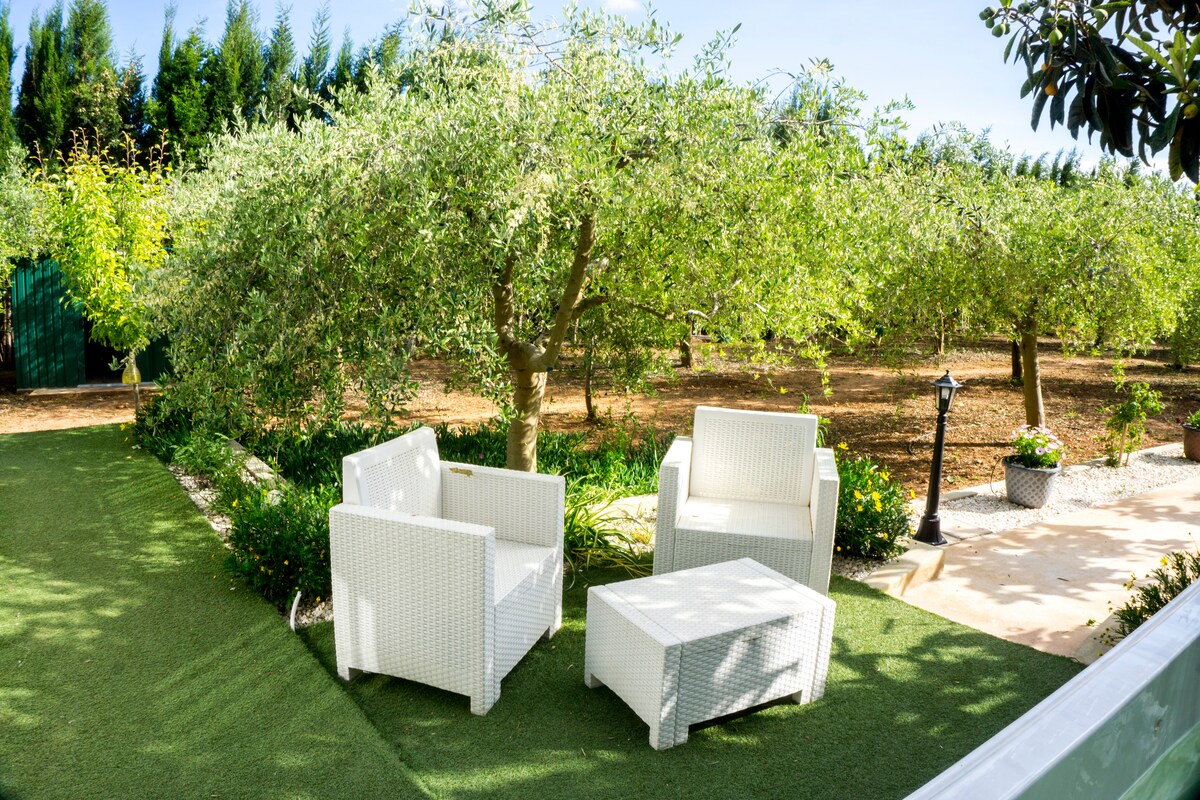 A serene outdoor seating area is presented with white wicker chairs and a coffee table, surrounded by lush olive trees. The space is highlighted by artificial grass, creating a comfortable atmosphere for relaxation amidst the greenery.