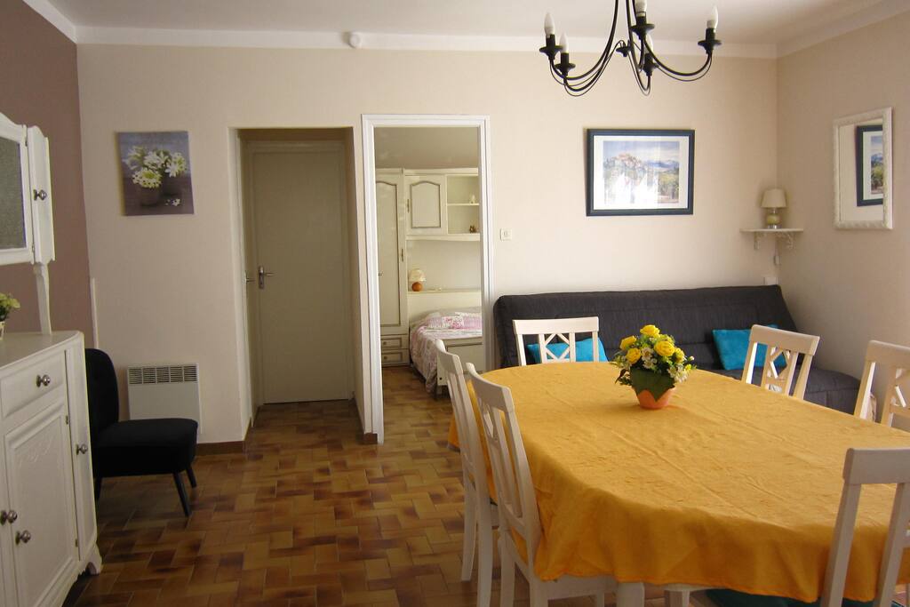 Séjour de 25 m² avec canapé clic-clac convertible en lit pour 2 personnes.