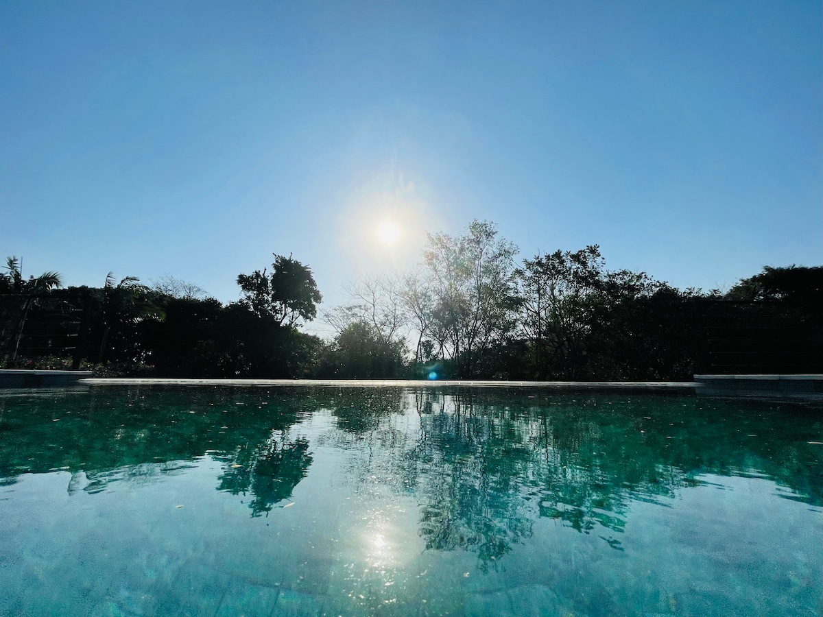 The image captures a serene infinity pool reflecting the clear blue sky and surrounding greenery. Sunlight bathes the water, creating a shimmering effect, while trees and plants outline the horizon, enhancing the natural atmosphere of the setting.