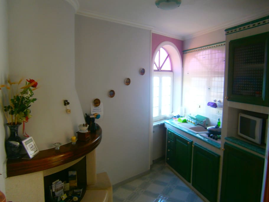 Fully equipped kitchen with microwave oven, fridge and washing machine